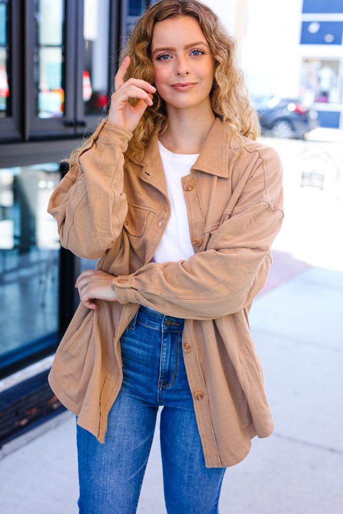 Weekend Ready Camel Terry Oversized Shirt Shacket-Timber Brooke Boutique, Online Women's Fashion Boutique in Amarillo, Texas