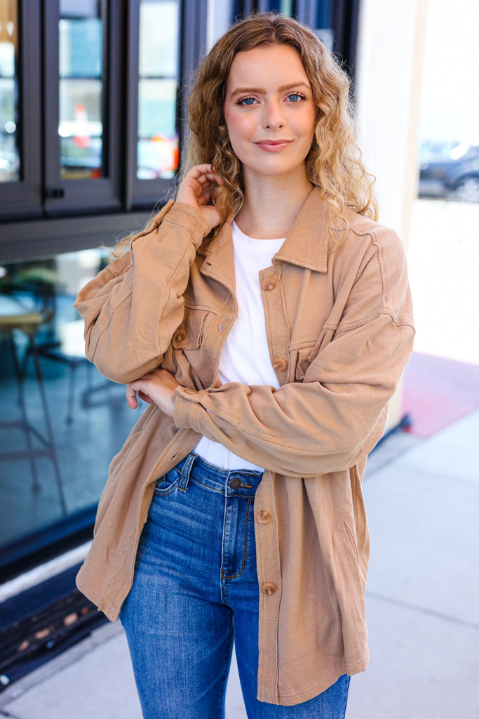 Weekend Ready Camel Terry Oversized Shirt Shacket-Timber Brooke Boutique, Online Women's Fashion Boutique in Amarillo, Texas