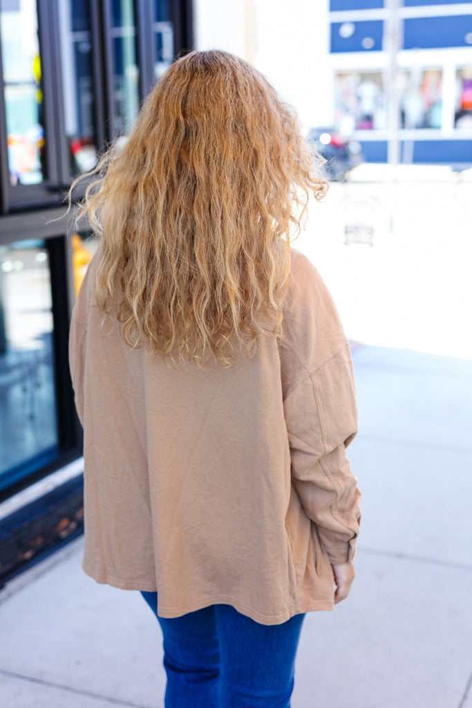 Weekend Ready Camel Terry Oversized Shirt Shacket-Timber Brooke Boutique, Online Women's Fashion Boutique in Amarillo, Texas