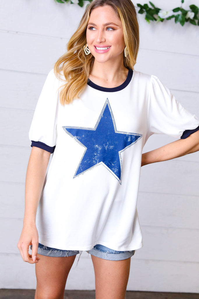 Off White Distressed Star Terry Puff Short Sleeve Top-Timber Brooke Boutique, Online Women's Fashion Boutique in Amarillo, Texas