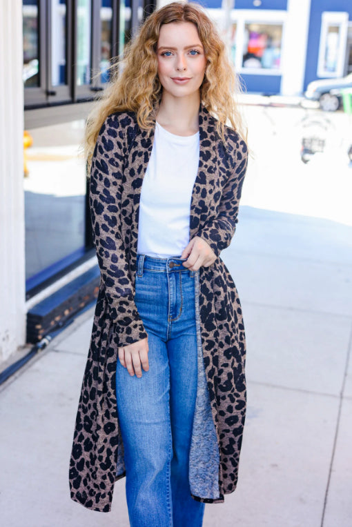 Boldly You Dark Taupe Animal Print Open Duster Cardigan-Timber Brooke Boutique, Online Women's Fashion Boutique in Amarillo, Texas