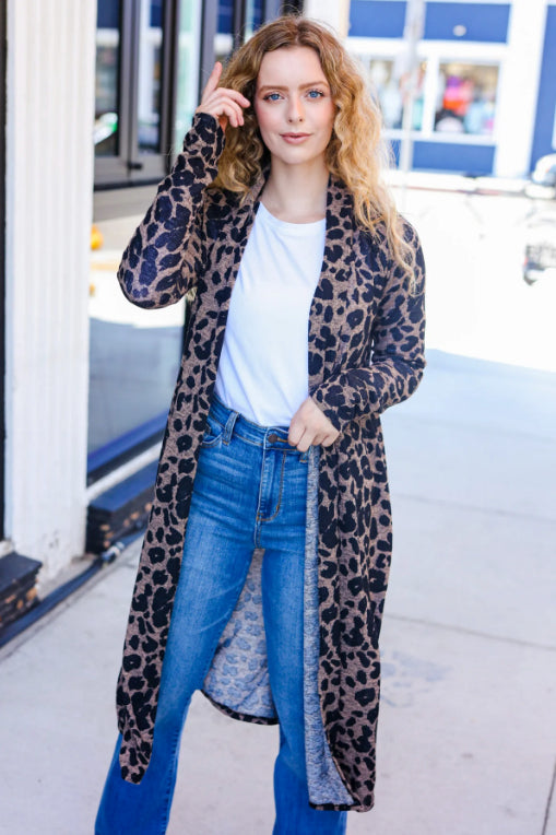 Boldly You Dark Taupe Animal Print Open Duster Cardigan-Timber Brooke Boutique, Online Women's Fashion Boutique in Amarillo, Texas