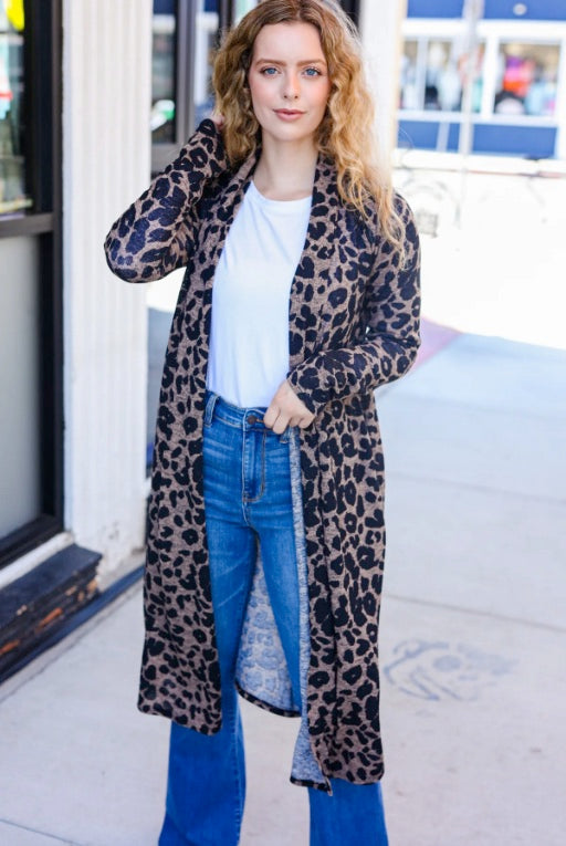 Boldly You Dark Taupe Animal Print Open Duster Cardigan-Timber Brooke Boutique, Online Women's Fashion Boutique in Amarillo, Texas