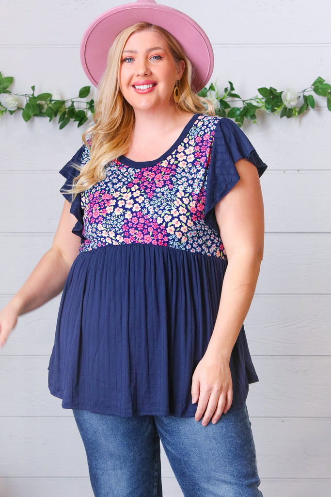 Navy Floral Yoke Babydoll Rib Flutter Sleeve Top-Timber Brooke Boutique, Online Women's Fashion Boutique in Amarillo, Texas