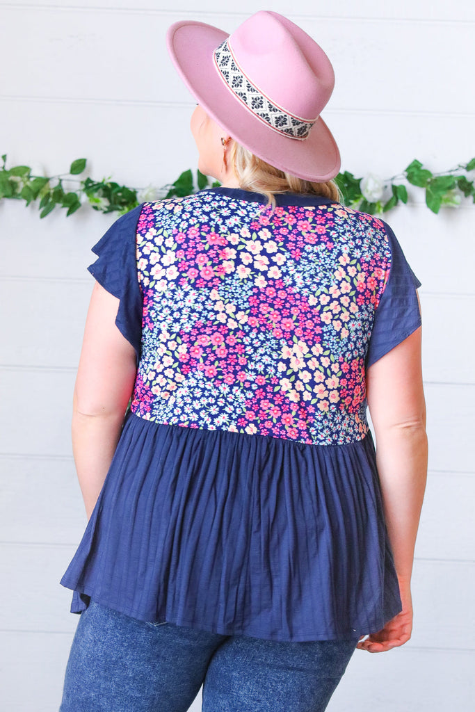 Navy Floral Yoke Babydoll Rib Flutter Sleeve Top-Timber Brooke Boutique, Online Women's Fashion Boutique in Amarillo, Texas