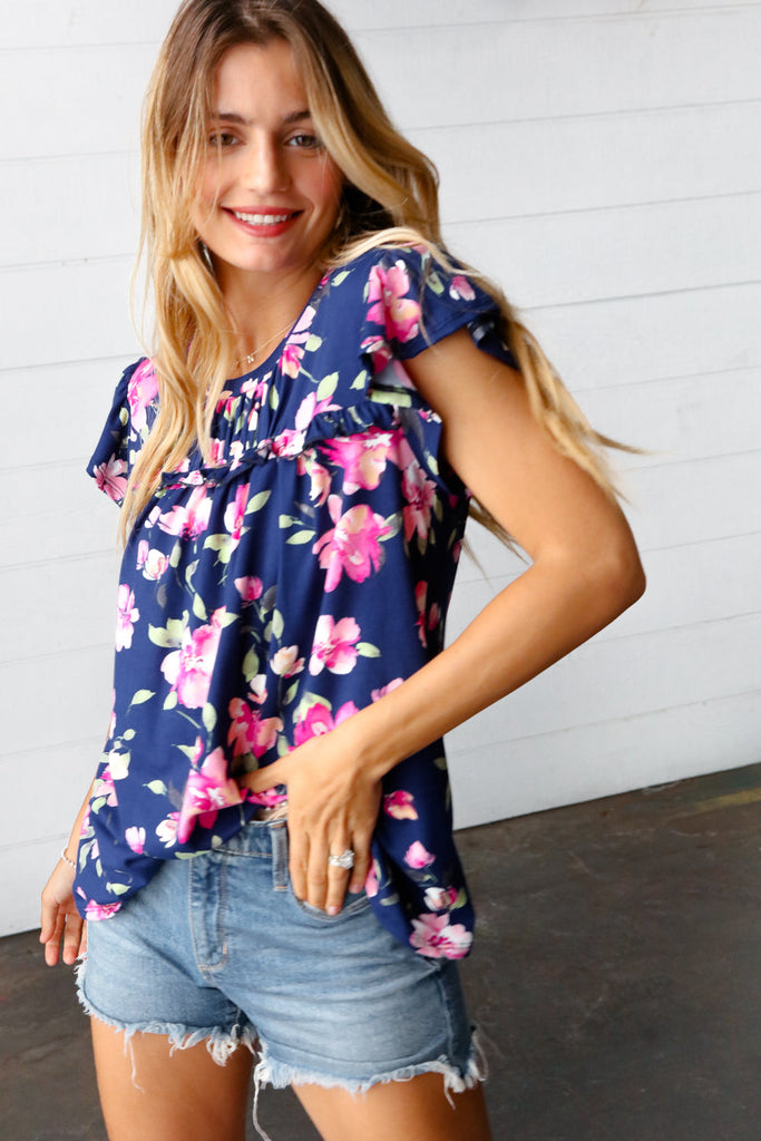 Navy & Pink Floral Print Frilled Short Sleeve Yoke Top-Timber Brooke Boutique, Online Women's Fashion Boutique in Amarillo, Texas