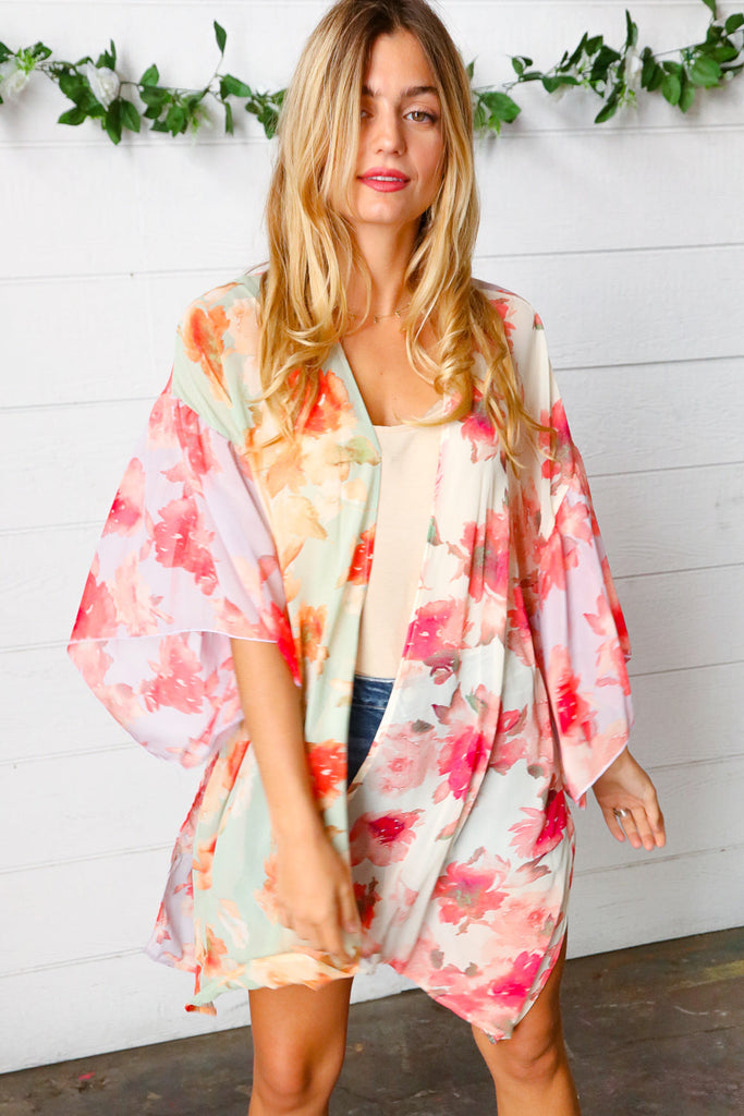 Lavender & Sage Colorblock Floral Print Chiffon Kimono-Timber Brooke Boutique, Online Women's Fashion Boutique in Amarillo, Texas