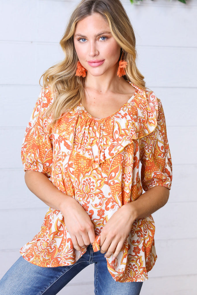 Sunset Orange Boho Ruffle Woven Top-Timber Brooke Boutique, Online Women's Fashion Boutique in Amarillo, Texas