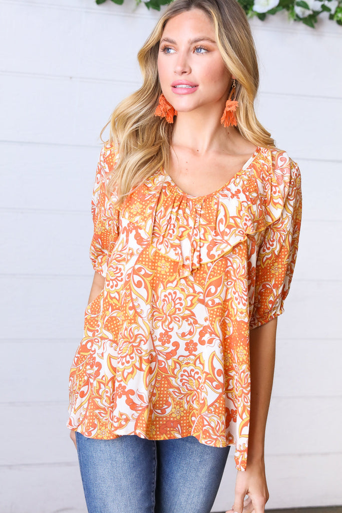 Sunset Orange Boho Ruffle Woven Top-Timber Brooke Boutique, Online Women's Fashion Boutique in Amarillo, Texas