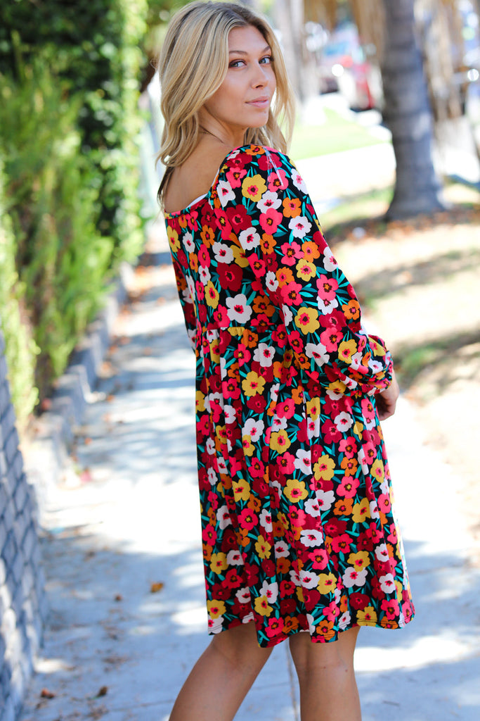 Multicolor Flat Floral Square Neck Button Babydoll Dress-Timber Brooke Boutique, Online Women's Fashion Boutique in Amarillo, Texas