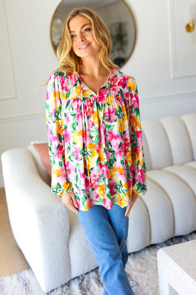 Pretty In Pink Watercolor Floral Yoke Tie Top-Timber Brooke Boutique, Online Women's Fashion Boutique in Amarillo, Texas