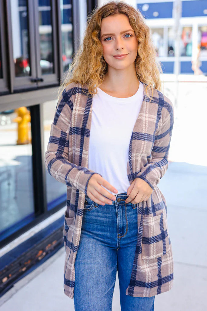 Casual Living Taupe & Charcoal Plaid Hacci Open Cardigan-Timber Brooke Boutique, Online Women's Fashion Boutique in Amarillo, Texas