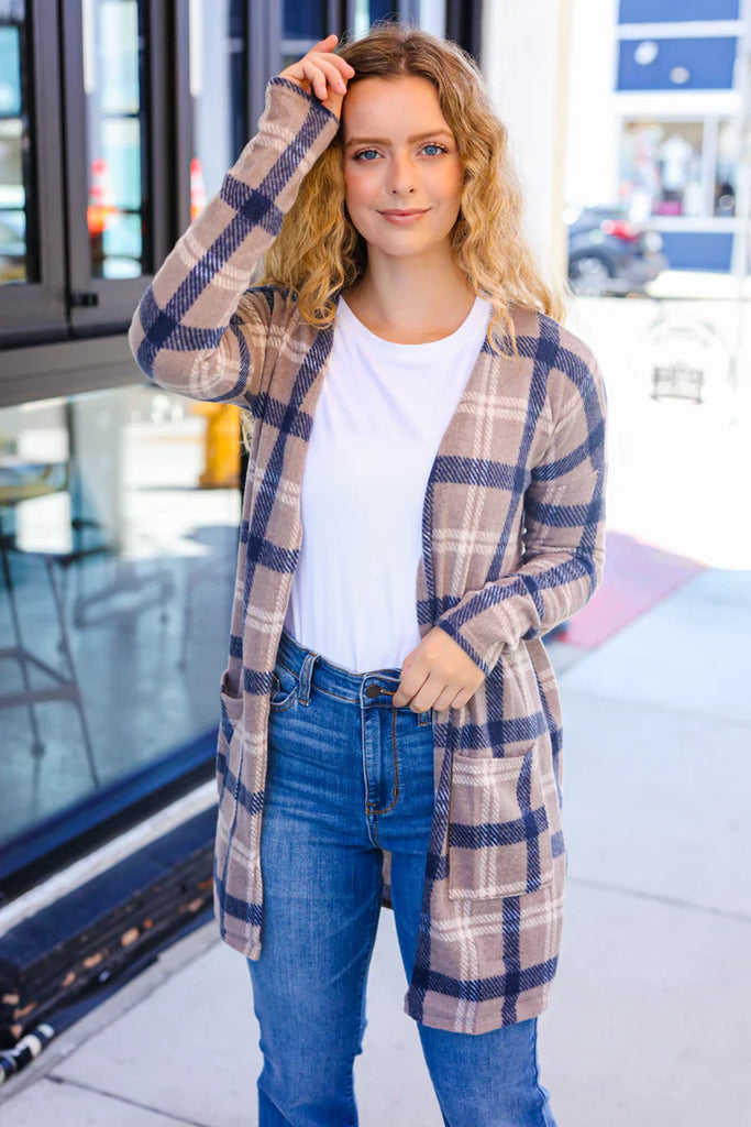 Casual Living Taupe & Charcoal Plaid Hacci Open Cardigan-Timber Brooke Boutique, Online Women's Fashion Boutique in Amarillo, Texas