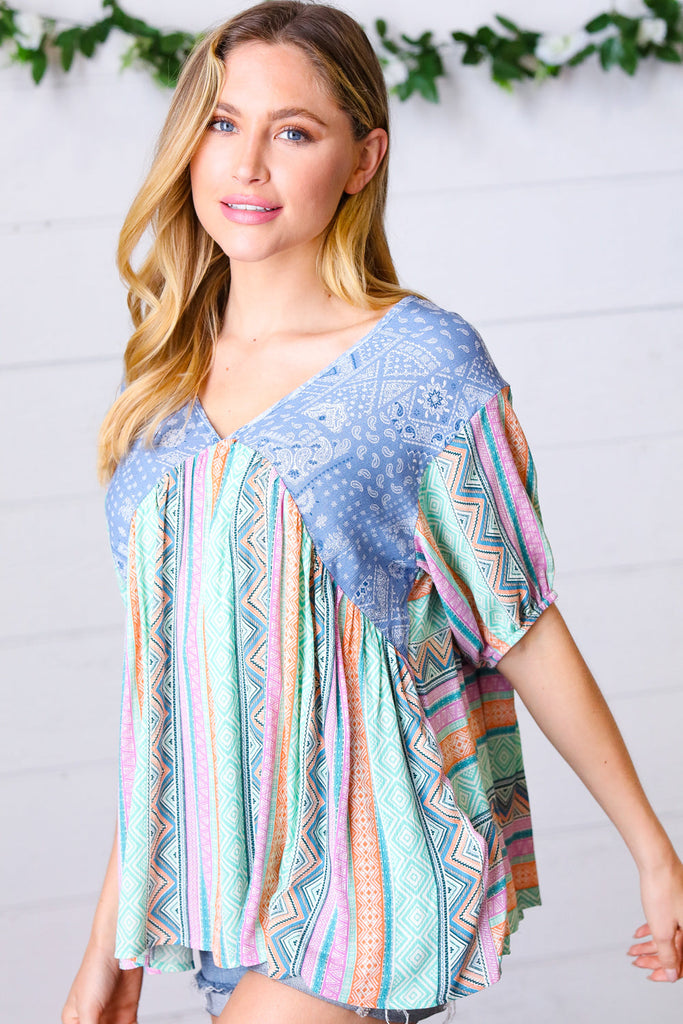 Multicolor Boho Vertical Print Crinkle V Neck Top-Timber Brooke Boutique, Online Women's Fashion Boutique in Amarillo, Texas
