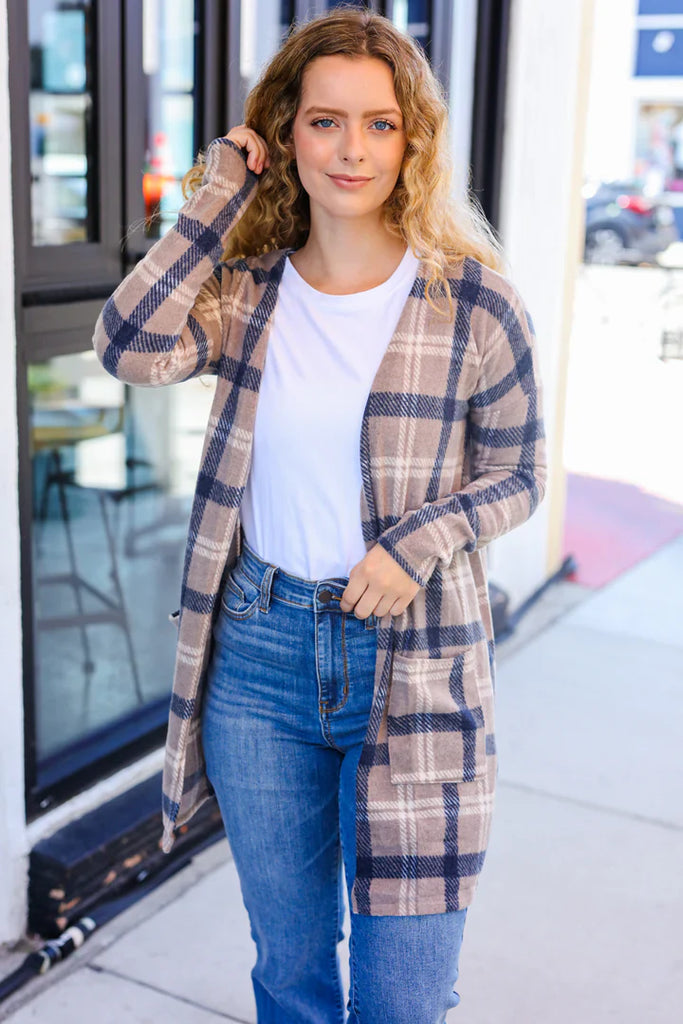 Casual Living Taupe & Charcoal Plaid Hacci Open Cardigan-Timber Brooke Boutique, Online Women's Fashion Boutique in Amarillo, Texas