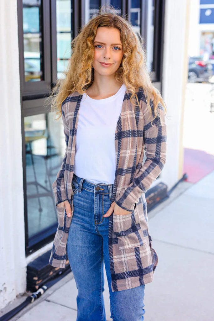 Casual Living Taupe & Charcoal Plaid Hacci Open Cardigan-Timber Brooke Boutique, Online Women's Fashion Boutique in Amarillo, Texas