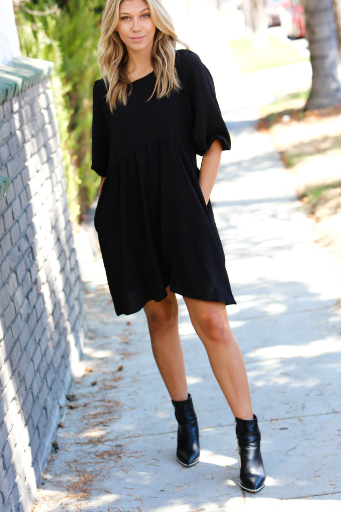 Black Three Quarter Puff Sleeve Babydoll Dress-Timber Brooke Boutique, Online Women's Fashion Boutique in Amarillo, Texas