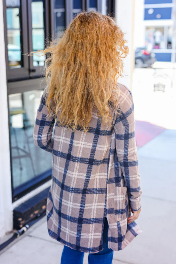 Casual Living Taupe & Charcoal Plaid Hacci Open Cardigan-Timber Brooke Boutique, Online Women's Fashion Boutique in Amarillo, Texas