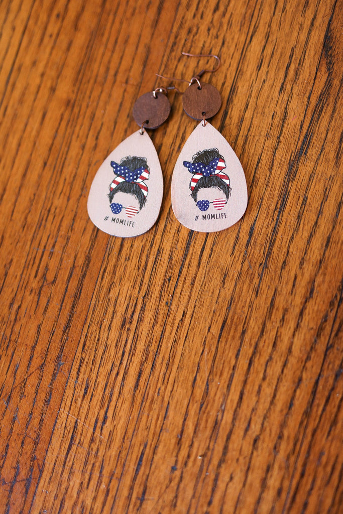USA Flag "#MOMLIFE" Wooden Dangle Earrings-Timber Brooke Boutique, Online Women's Fashion Boutique in Amarillo, Texas