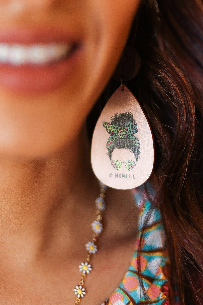 Green Cheetah "#MOMLIFE" Wooden Dangle Earrings-Timber Brooke Boutique, Online Women's Fashion Boutique in Amarillo, Texas