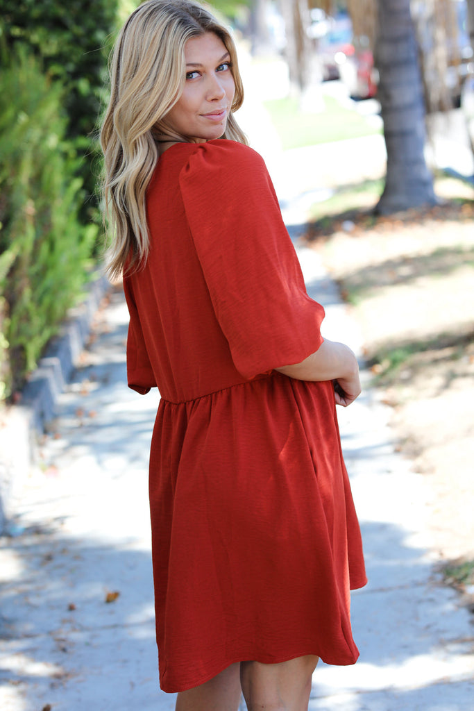 Rust Three Quarter Puff Sleeve Babydoll Dress-Timber Brooke Boutique, Online Women's Fashion Boutique in Amarillo, Texas