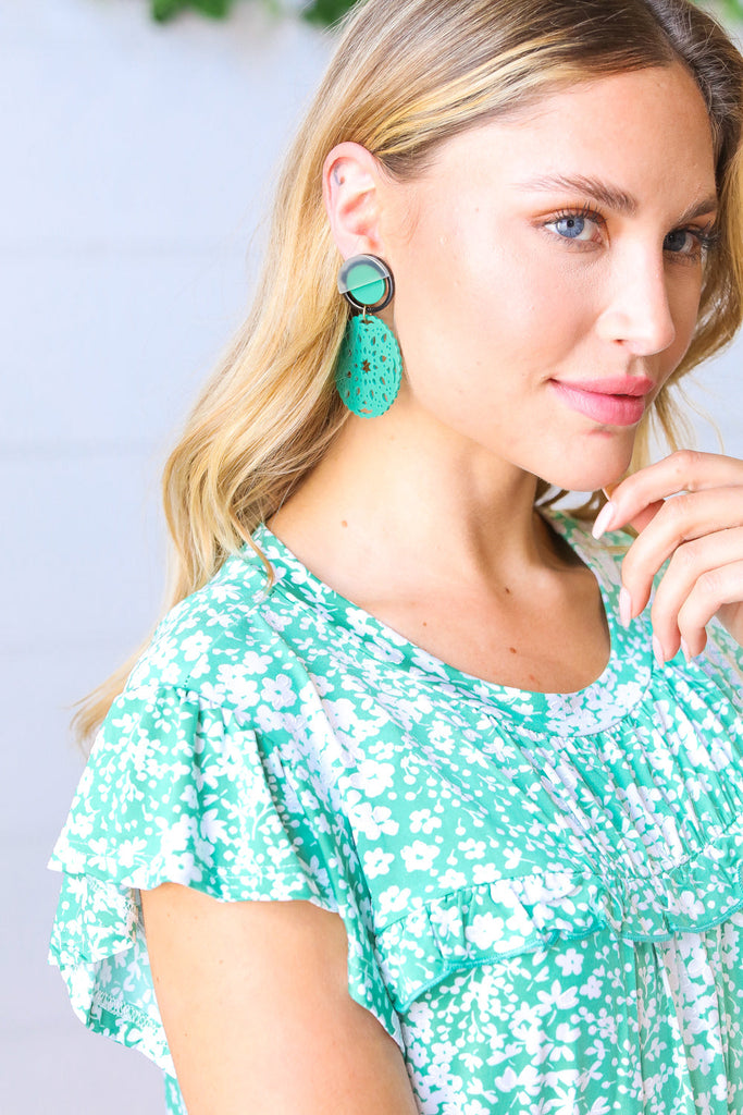 Teal Crochet Carved Disc Dangle Earrings-Jewelry-Timber Brooke Boutique, Online Women's Fashion Boutique in Amarillo, Texas