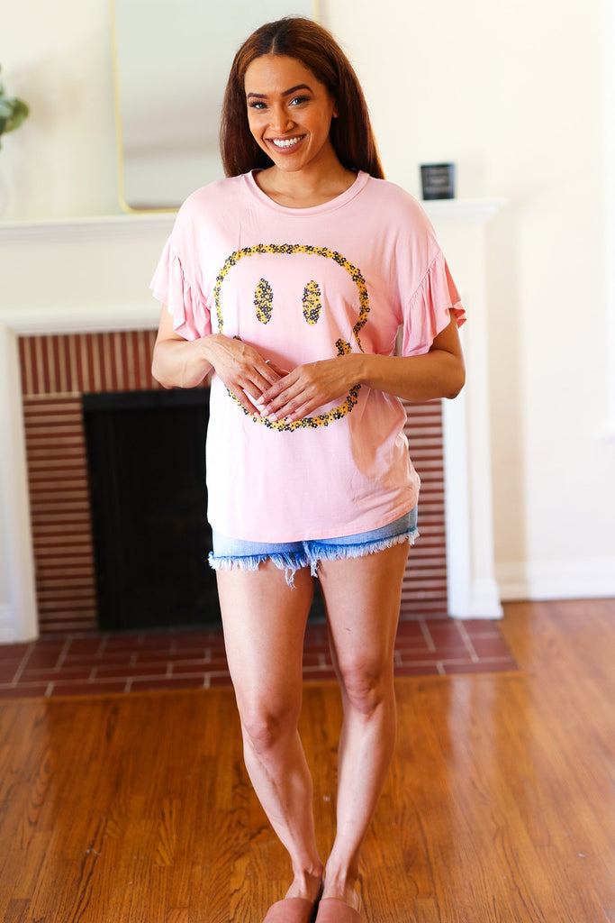 Live For Today Pink Floral Smiley Face Flutter Sleeve Tee-Timber Brooke Boutique, Online Women's Fashion Boutique in Amarillo, Texas