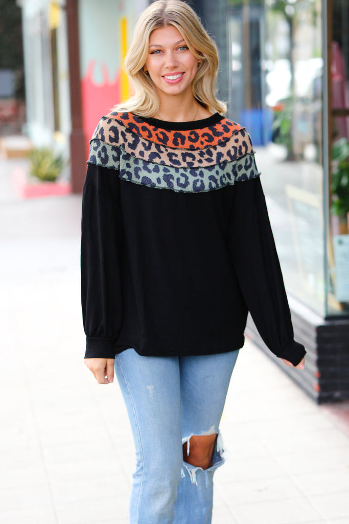 Black Multicolor Leopard Waffle Out Seam Top-Timber Brooke Boutique, Online Women's Fashion Boutique in Amarillo, Texas