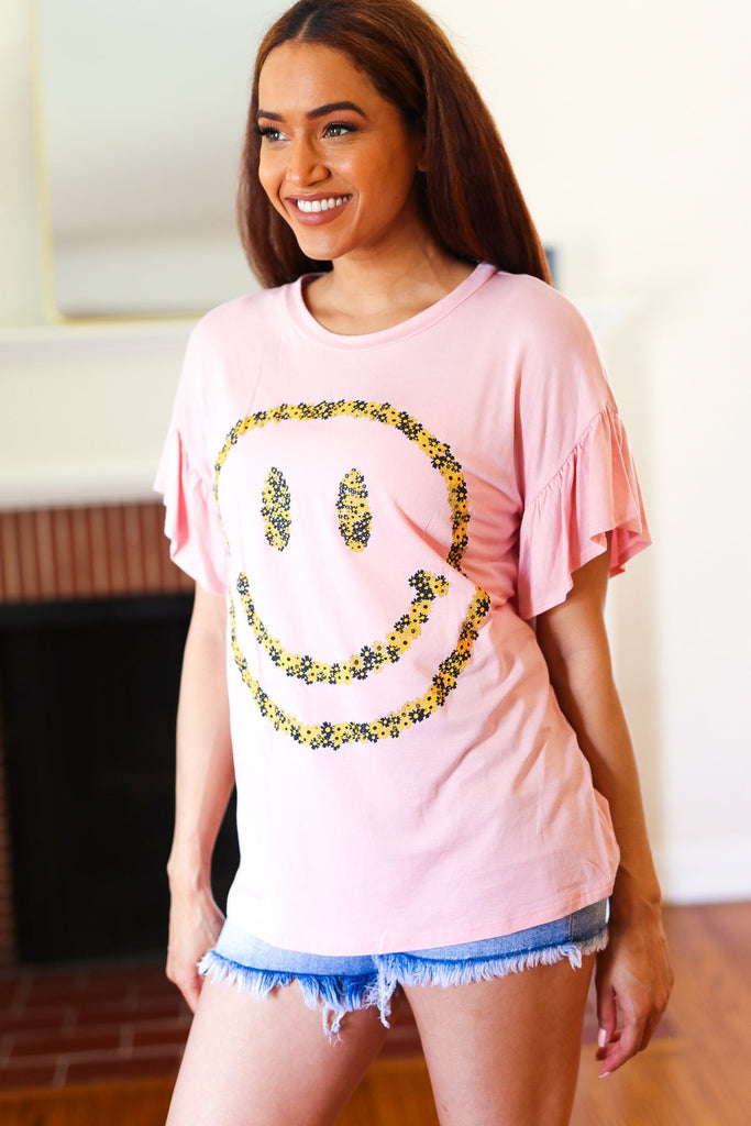 Live For Today Pink Floral Smiley Face Flutter Sleeve Tee-Timber Brooke Boutique, Online Women's Fashion Boutique in Amarillo, Texas