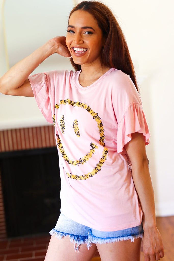 Live For Today Pink Floral Smiley Face Flutter Sleeve Tee-Timber Brooke Boutique, Online Women's Fashion Boutique in Amarillo, Texas