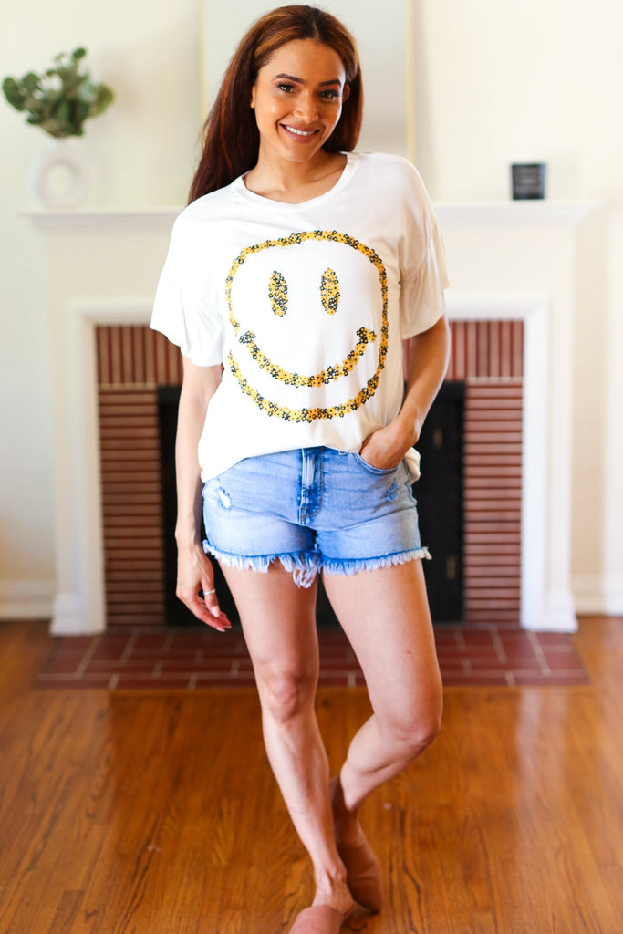 Live For Today White Floral Smiley Face Flutter Sleeve Tee-Timber Brooke Boutique, Online Women's Fashion Boutique in Amarillo, Texas