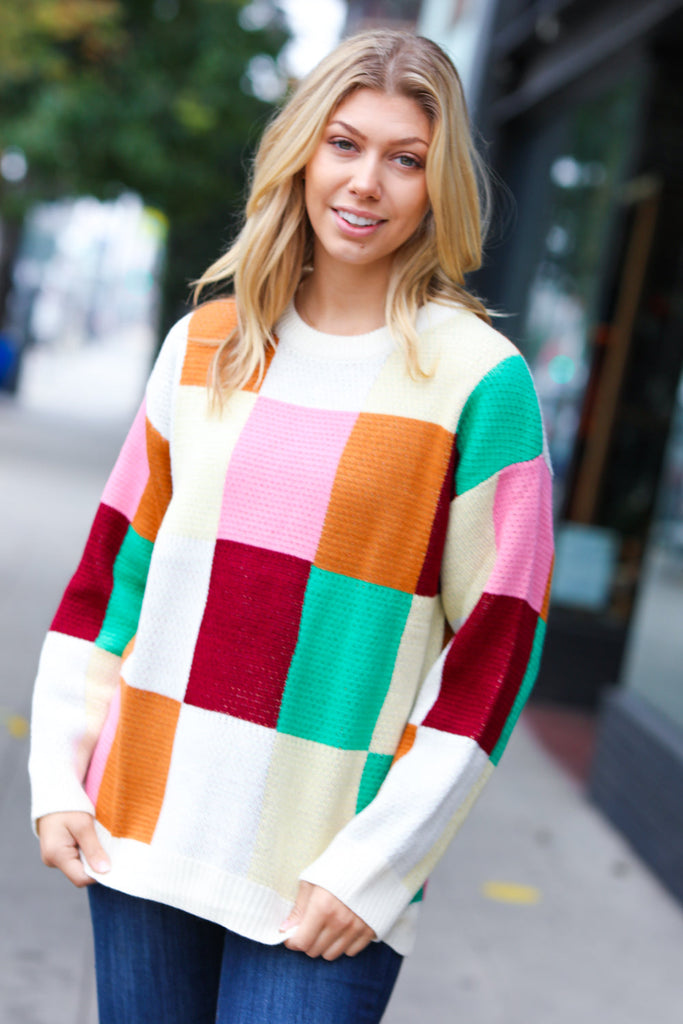 Adorable Ivory & Camel Checker Jacquard Knit Sweater-Timber Brooke Boutique, Online Women's Fashion Boutique in Amarillo, Texas