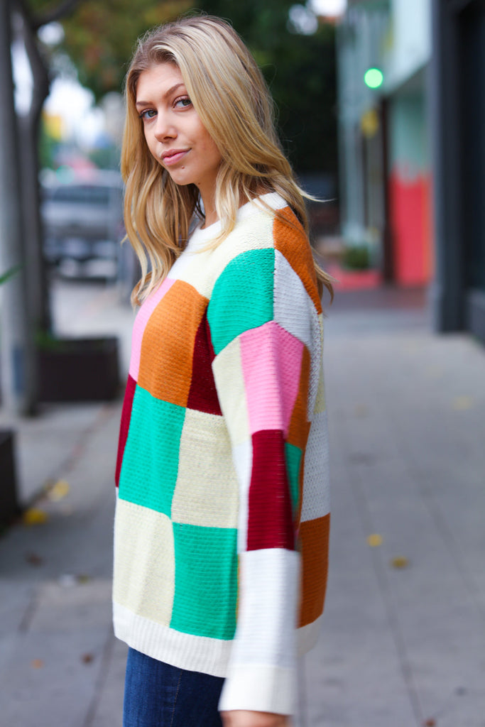 Adorable Ivory & Camel Checker Jacquard Knit Sweater-Timber Brooke Boutique, Online Women's Fashion Boutique in Amarillo, Texas