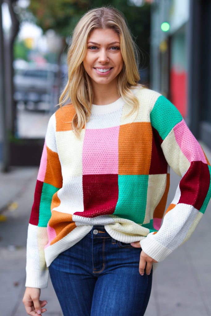 Adorable Ivory & Camel Checker Jacquard Knit Sweater-Timber Brooke Boutique, Online Women's Fashion Boutique in Amarillo, Texas