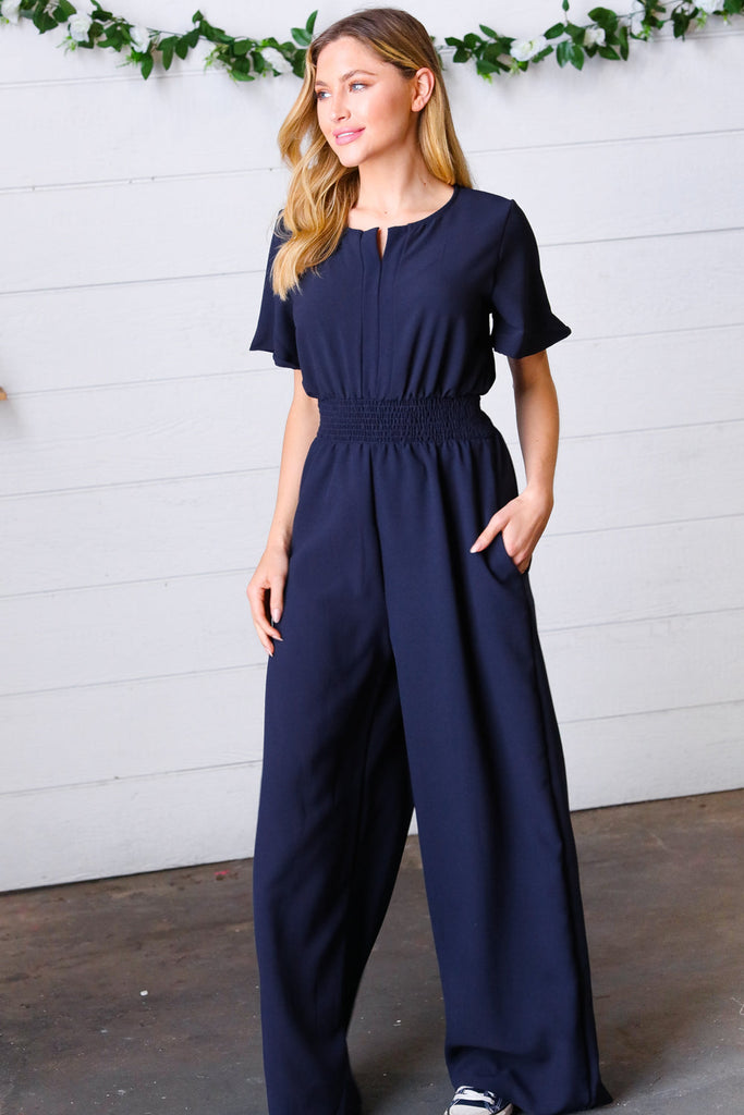 Dark Blue Smocked Waist Notch Neck Crepe Jumpsuit-Timber Brooke Boutique, Online Women's Fashion Boutique in Amarillo, Texas