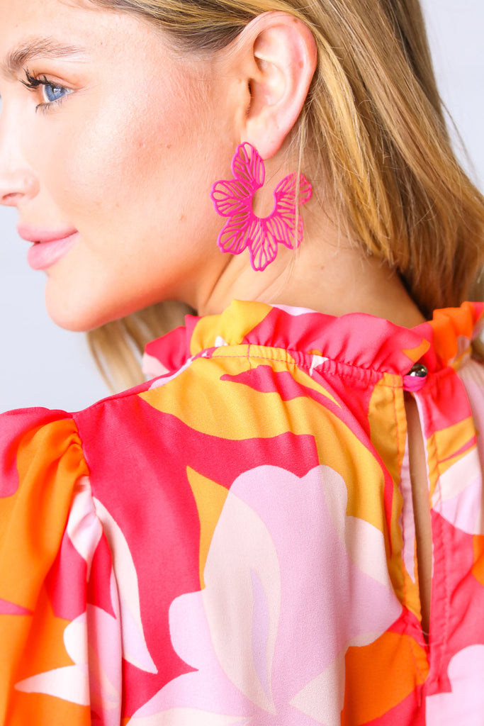 Fuchsia Vintage Metal Flower Power Earrings-Timber Brooke Boutique, Online Women's Fashion Boutique in Amarillo, Texas