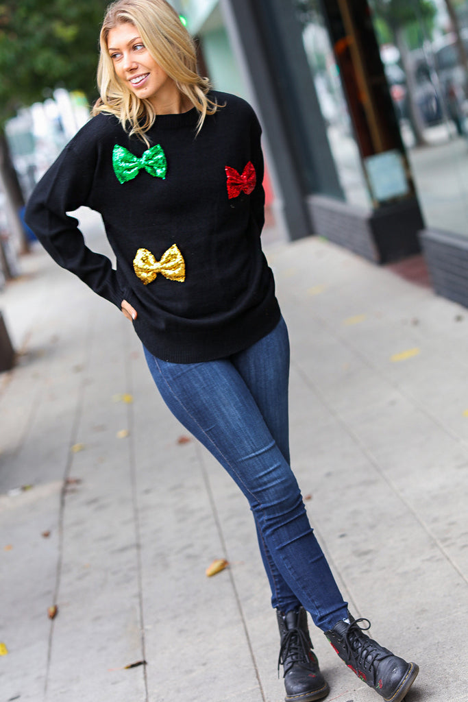 Be Merry Black Multicolor Sequin Bow Knit Sweater-Timber Brooke Boutique, Online Women's Fashion Boutique in Amarillo, Texas