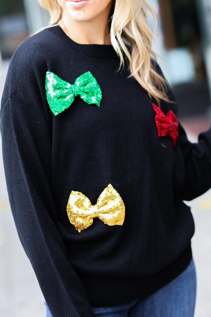 Be Merry Black Multicolor Sequin Bow Knit Sweater-Timber Brooke Boutique, Online Women's Fashion Boutique in Amarillo, Texas