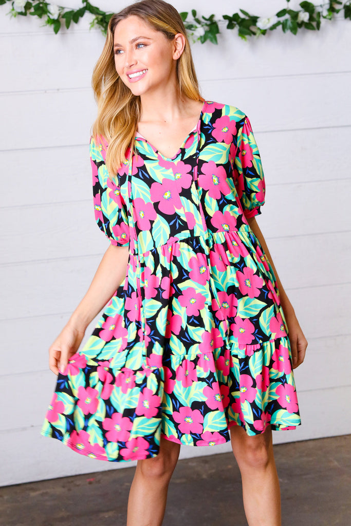 Multicolor Flat Floral Tiered Front Tie Pocketed Dress-Timber Brooke Boutique, Online Women's Fashion Boutique in Amarillo, Texas