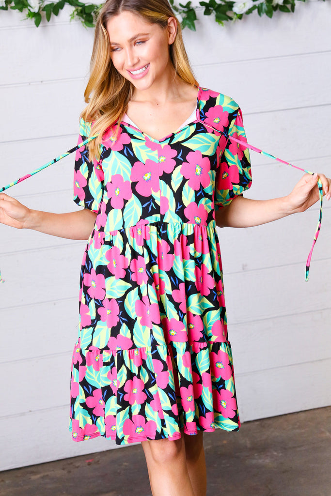 Multicolor Flat Floral Tiered Front Tie Pocketed Dress-Timber Brooke Boutique, Online Women's Fashion Boutique in Amarillo, Texas