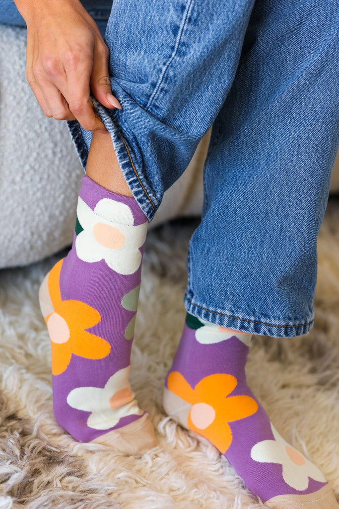 Plum Floral Print Crew Socks-Timber Brooke Boutique, Online Women's Fashion Boutique in Amarillo, Texas