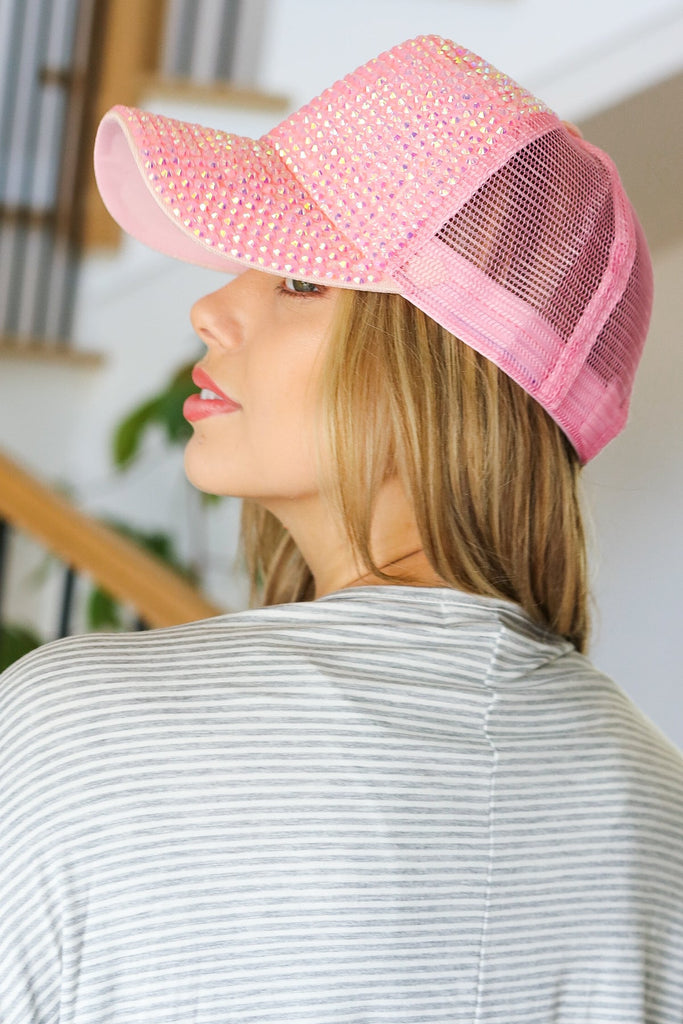 Pink Rhinestone Mesh Trucker Hat-Timber Brooke Boutique, Online Women's Fashion Boutique in Amarillo, Texas
