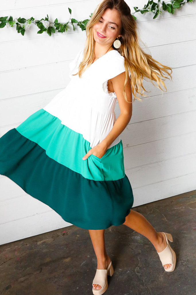 Seafoam & Emerald Tiered Frill Sleeve Midi Dress-Dresses-Timber Brooke Boutique, Online Women's Fashion Boutique in Amarillo, Texas