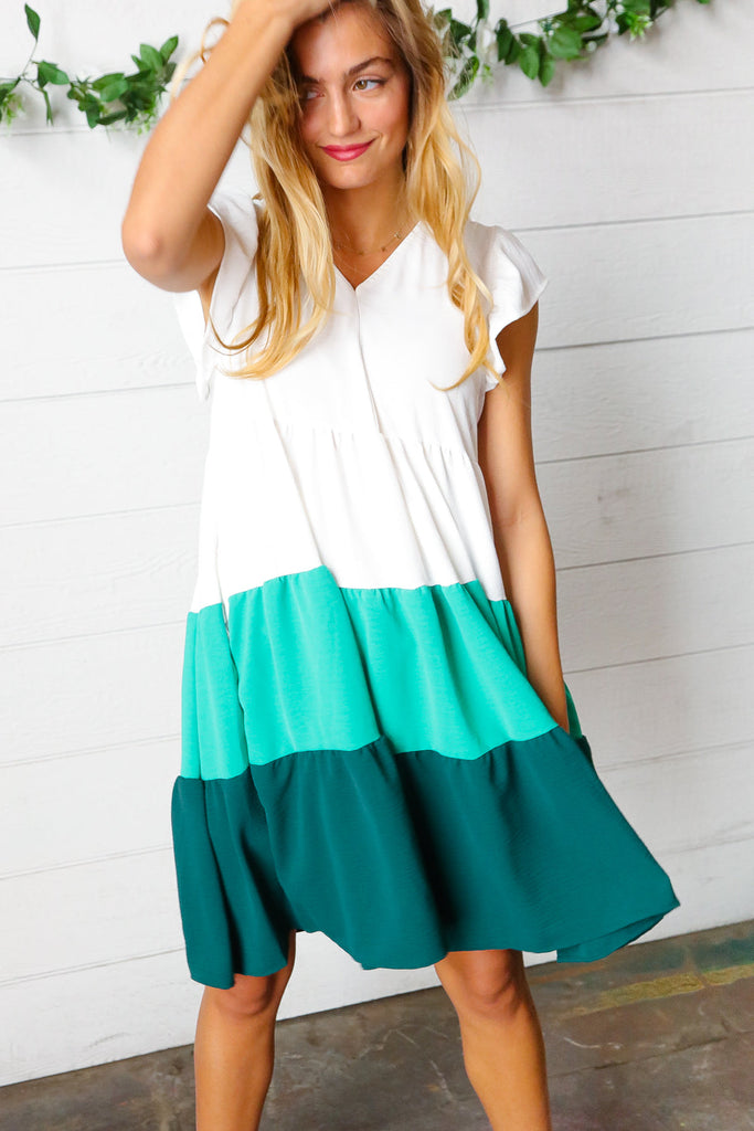 Seafoam & Emerald Tiered Frill Sleeve Midi Dress-Dresses-Timber Brooke Boutique, Online Women's Fashion Boutique in Amarillo, Texas