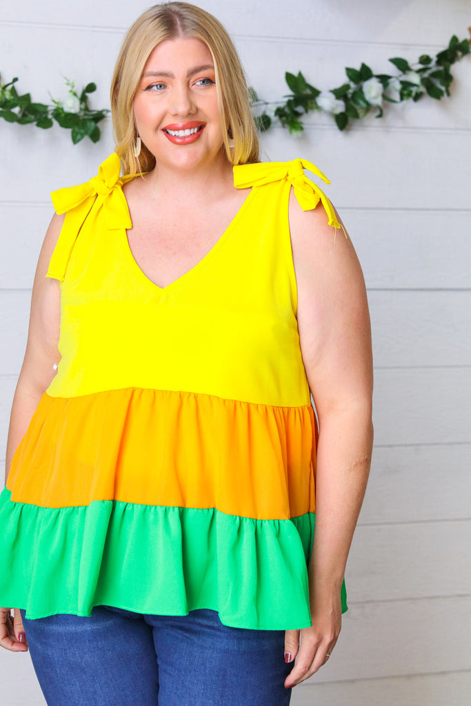 Yellow & Tangerine Tiered Shoulder Tie Bow Crepe Top-Timber Brooke Boutique, Online Women's Fashion Boutique in Amarillo, Texas