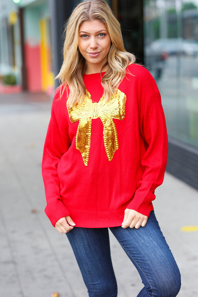 All I Want Red Sequin Bow Embroidery Knit Sweater-Timber Brooke Boutique, Online Women's Fashion Boutique in Amarillo, Texas