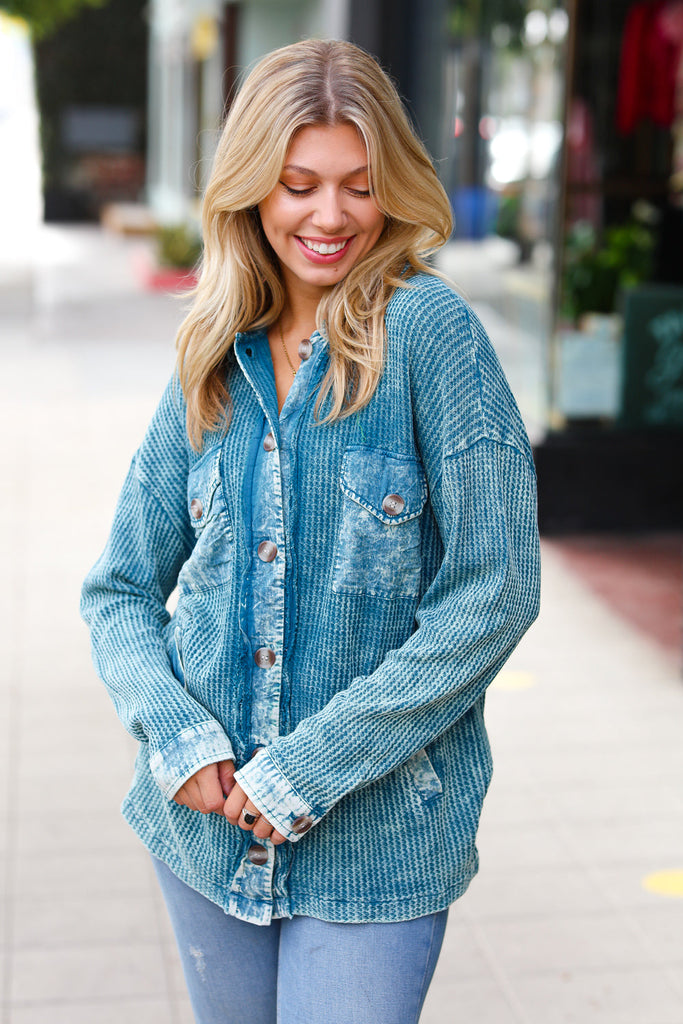 Teal Acid Wash Cotton Waffle Shacket-Timber Brooke Boutique, Online Women's Fashion Boutique in Amarillo, Texas