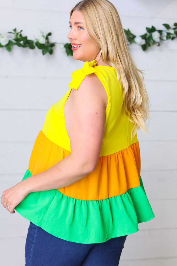 Yellow & Tangerine Tiered Shoulder Tie Bow Crepe Top-Timber Brooke Boutique, Online Women's Fashion Boutique in Amarillo, Texas