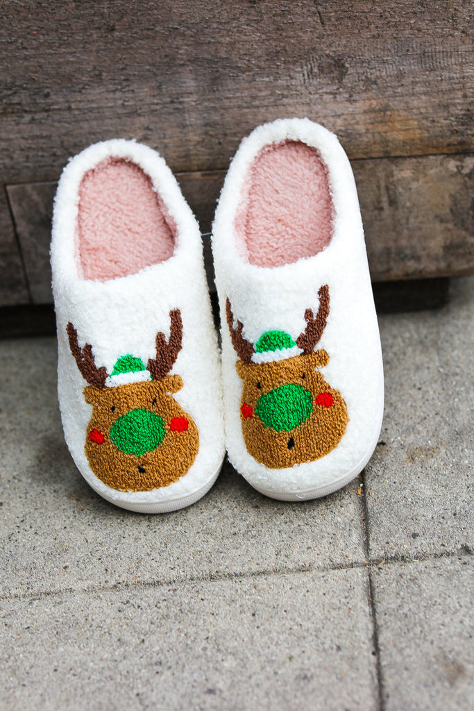 Holiday Reindeer Print Fleece Slippers-Timber Brooke Boutique, Online Women's Fashion Boutique in Amarillo, Texas