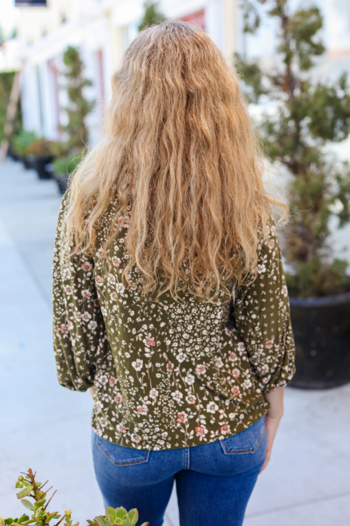 You Got This Olive Floral V Neck Bubble Sleeve Top-Timber Brooke Boutique, Online Women's Fashion Boutique in Amarillo, Texas